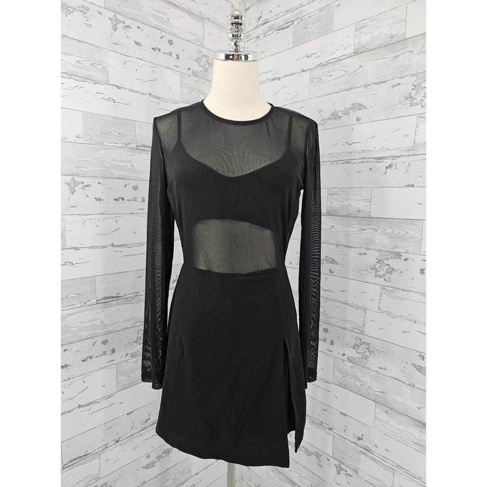 Fashion Nova Blurred Lines Mesh Romper Black Long Sleeve Mini Dress Overlay L